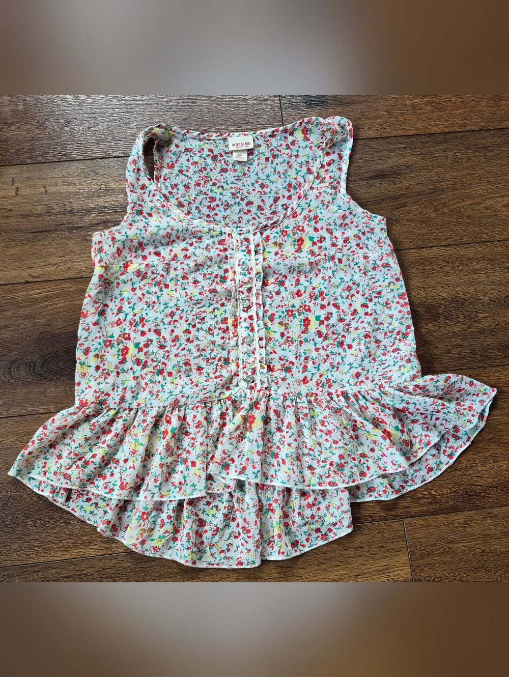 Mossimo Sleeveless Ruffle Top Tank Gauzy Summer Pink Floral Boho Hippie Sz S